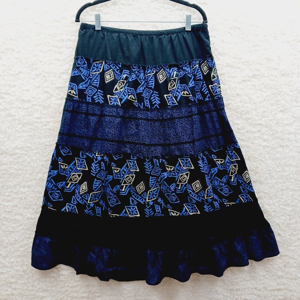 Skirt Maxi Prairie Peasant Blue Geometric Tiered Boho Folk Cottagecore Size PL